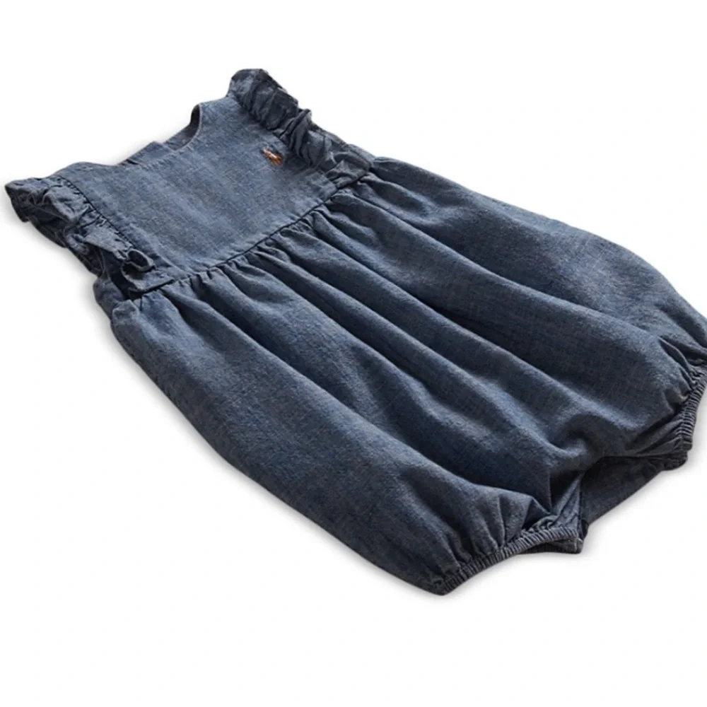 Ralph Lauren Girls' Chambray Ruffle Bubble Romper - Baby 24 months EUC $50